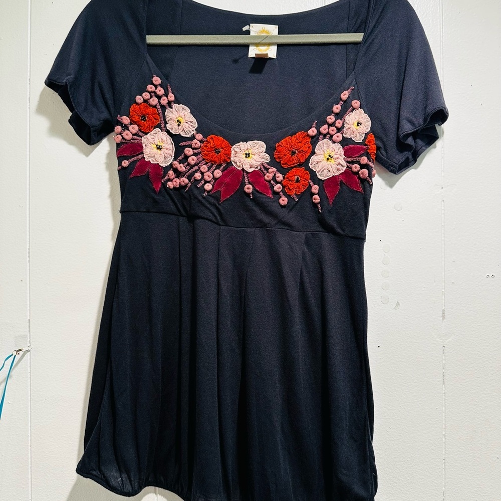 Anthropologie Blue Embellished Short Sleeve Top